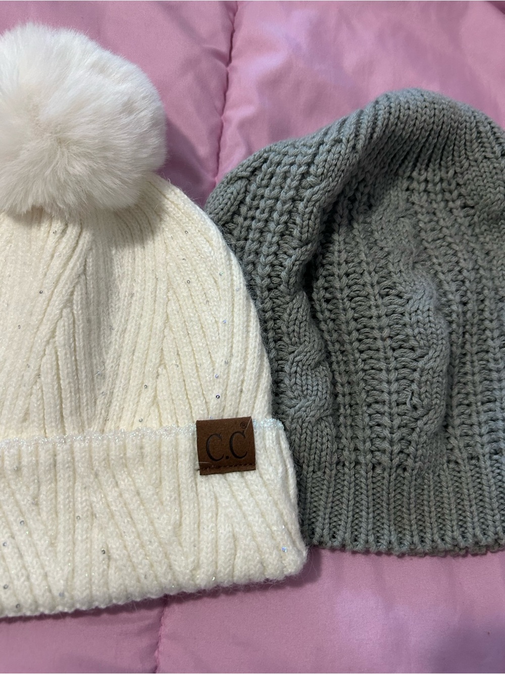 C.C Pom Pom hat- Cream & Gray knitted hat